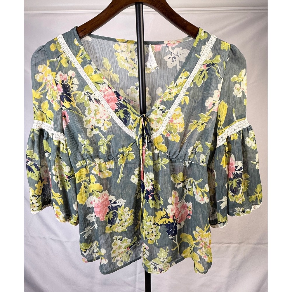 Denim & Supply RL Floral Sheer Gauze Bell-Sleeve Peasant Babydoll Blouse Cottage